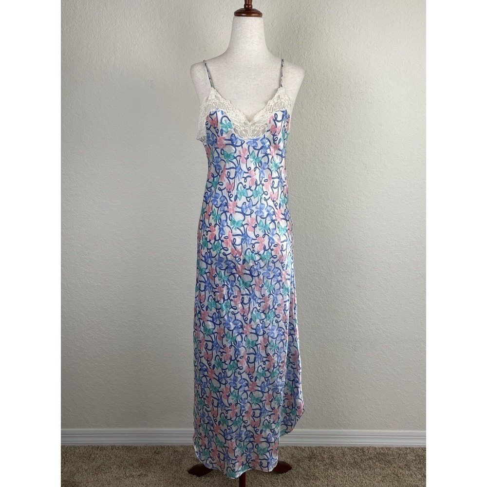 Vtg Nordstrom S Maxi Nightgown Coquette Bow Print Lace Trim Lingerie Satin